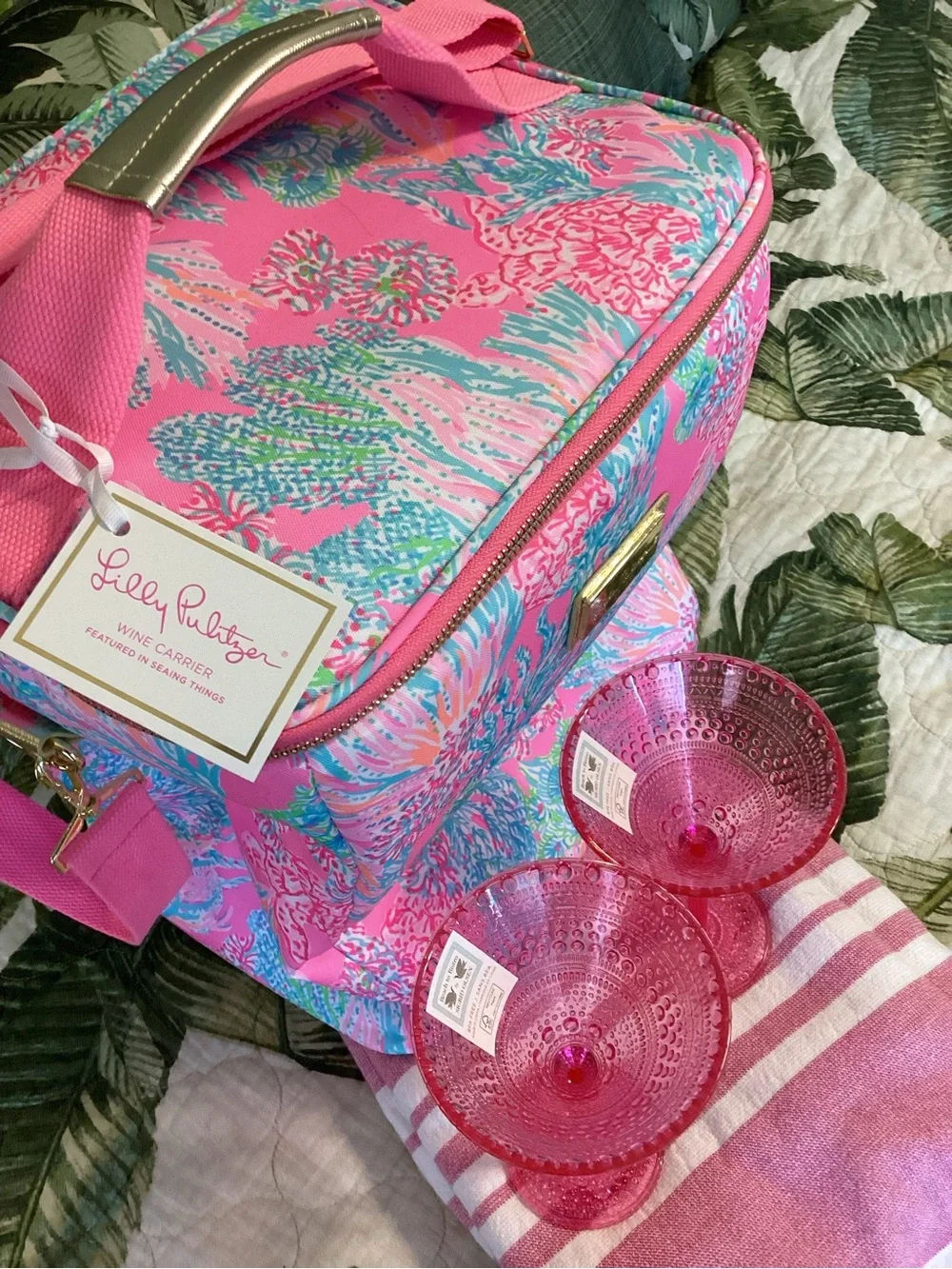 Lilly Pulitzer Hot Pink Coastal Floral Cooler Tote with Pink Glasses
